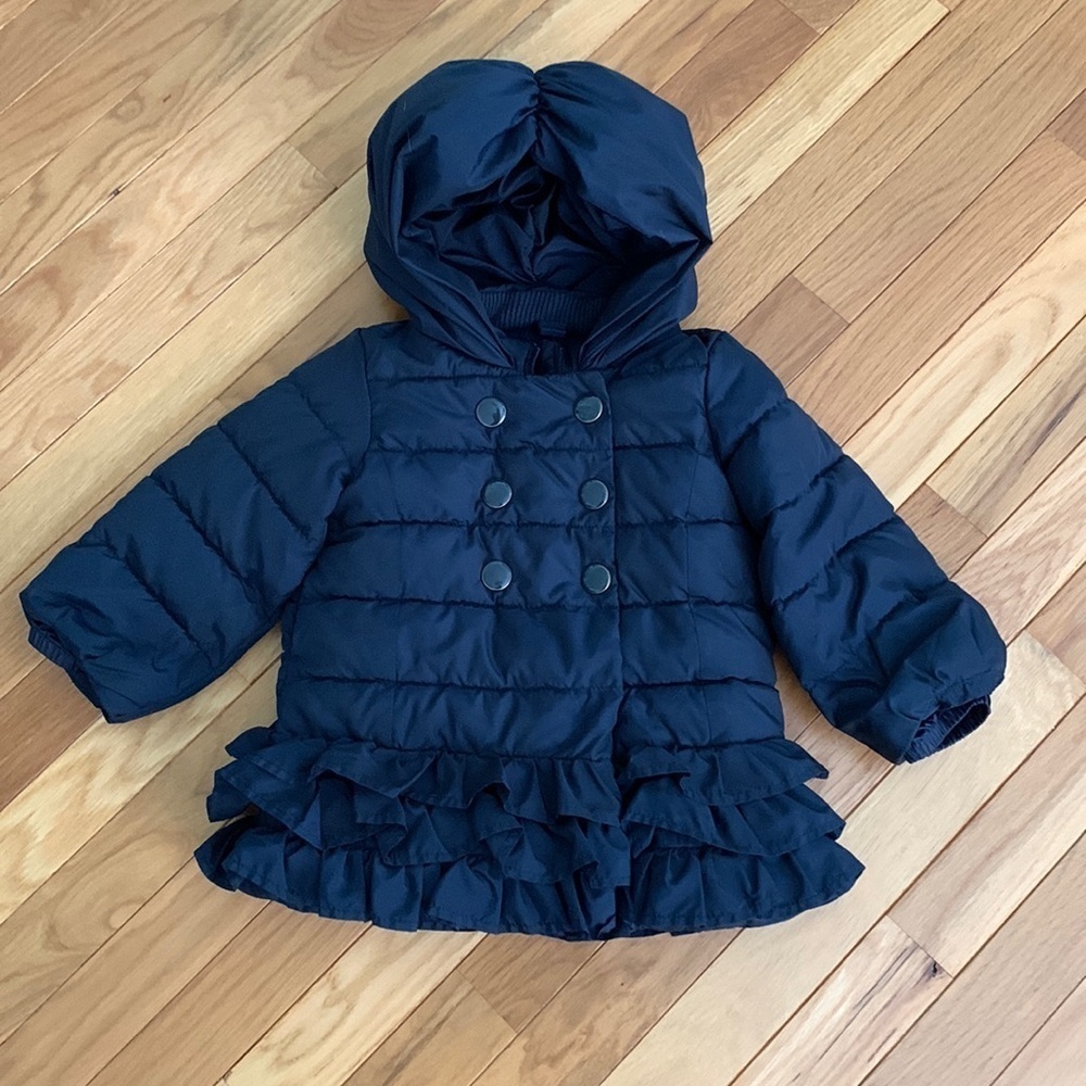 GAP: Navy Blue Hooded Ruffle Puffer Coat